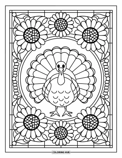 Coloriage de dinde de Thanksgiving pour adultes : Une dinde est encadrée par un vitrail de tournesols et de canneberges aux couleurs d'automne