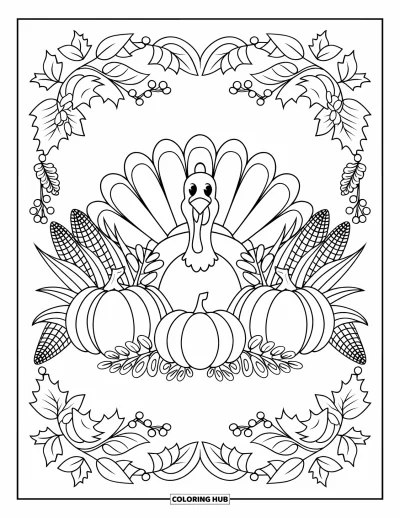 Coloriage de dinde de Thanksgiving pour adultes : Une dinde est entourée de citrouilles, de maïs et de feuilles dans un beau motif d'automne