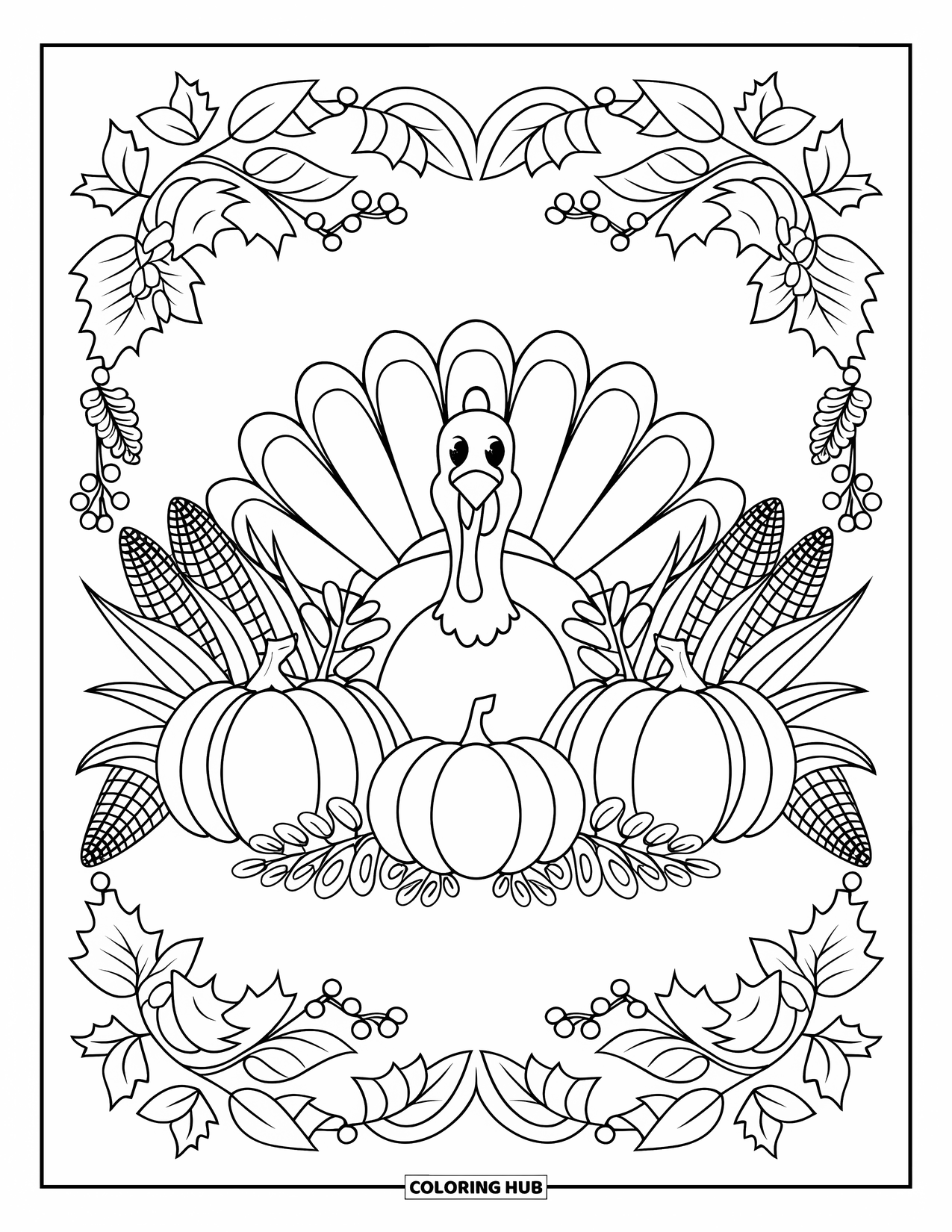 Kleurplaat van een Thanksgiving kalkoen voor volwassenen: Een kalkoen is omgeven door pompoenen, mais en bladeren in een prachtig herfstpatroon