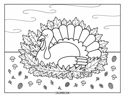 Coloriage de dinde de Thanksgiving pour adultes : Une dinde se prélasse dans des feuilles colorées avec des champignons, des pommes de pin et un vent d'automne virevoltant