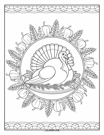 Coloriage de dinde de Thanksgiving pour adultes : Une dinde sur un plat est nichée dans un mandala de courges, de blé et de feuilles d'automne