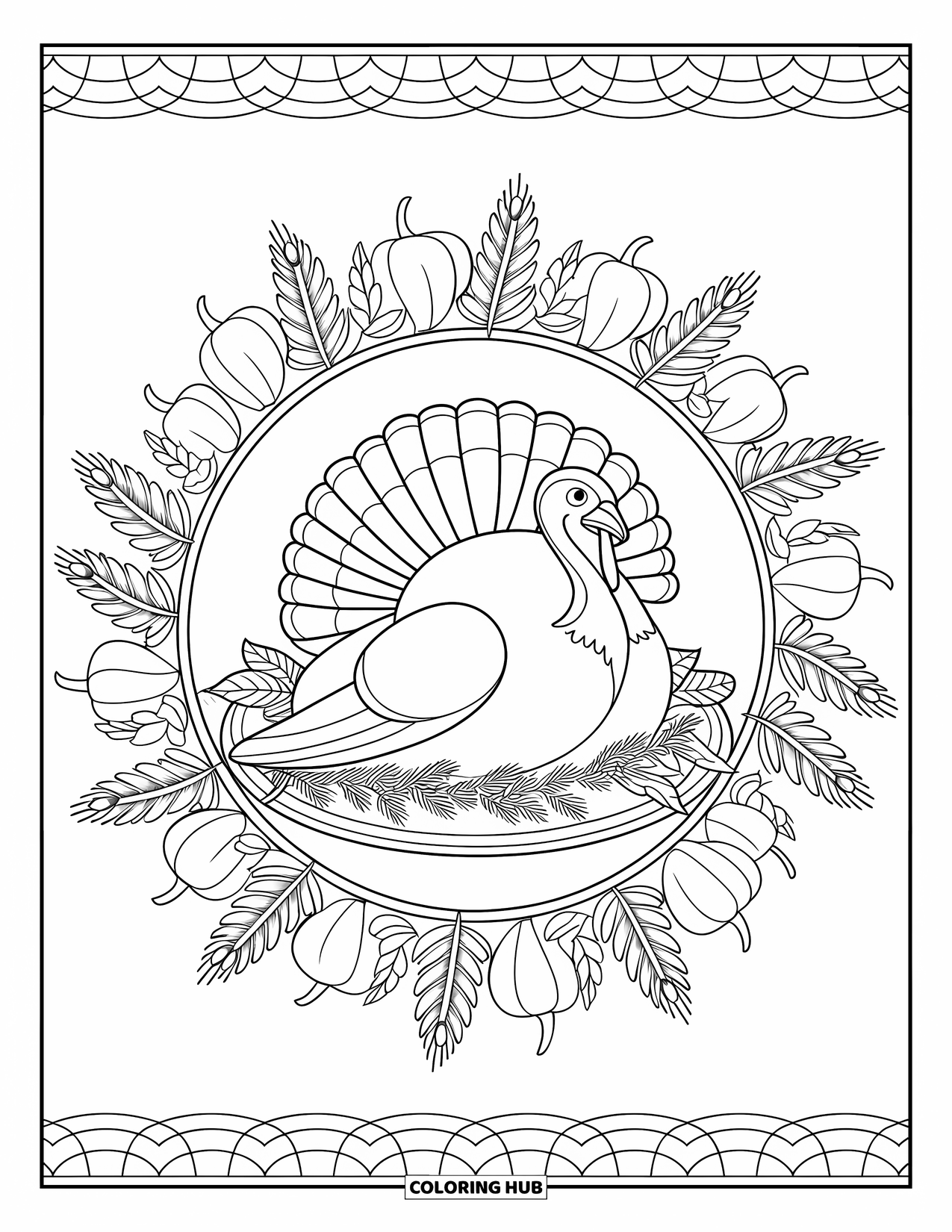 Kleurplaat van een Thanksgiving kalkoen voor volwassenen: Een kalkoen op een schaal zit in een mandala van pompoen, tarwe en herfstbladeren