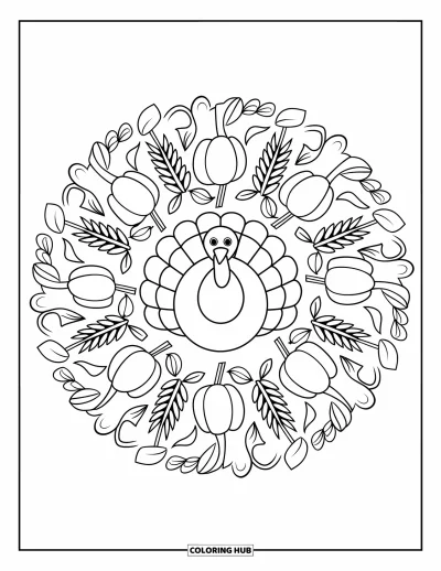 Coloriage de dinde de Thanksgiving pour adultes : Une dinde repose au centre d'un mandala botanique de blé, de courges et de feuilles d'automne