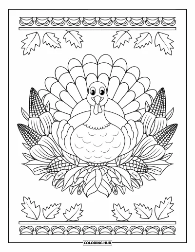 Coloriage de dinde de Thanksgiving pour adultes : Une dinde repose dans un mandala d'épis de maïs, de vignes et de feuilles de chêne