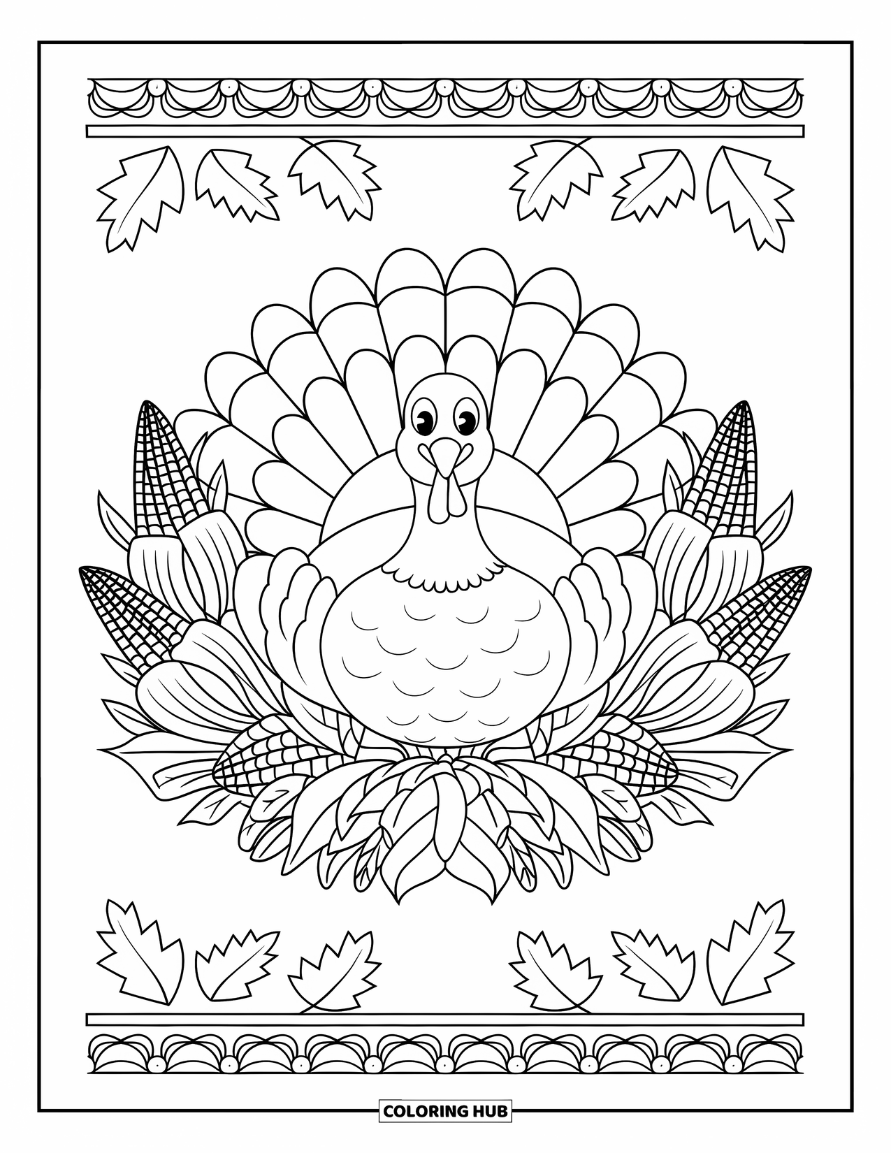 Kleurplaat van een Thanksgiving kalkoen voor volwassenen: Een kalkoen rust in een mandala van maisbladeren, ranken en eikenbladeren