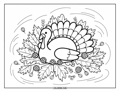 Coloriage de dinde de Thanksgiving pour adultes : Une dinde se repose dans de douces feuilles d'automne avec des champignons, des baies et une brise légère