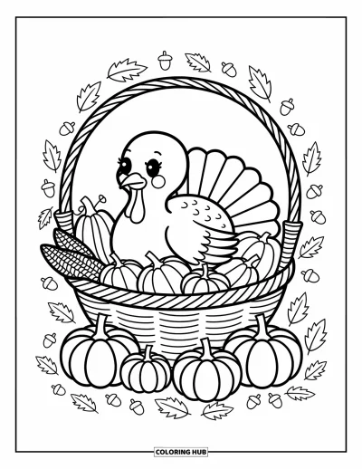Coloriage de dinde de Thanksgiving pour adultes : Une dinde repose dans un grand panier rempli de citrouilles, de maïs, de pommes et de champignons