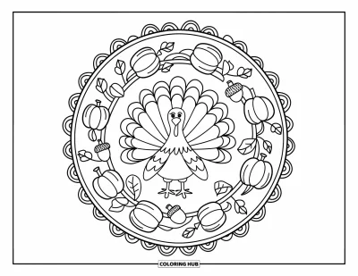 Coloriage de dinde de Thanksgiving pour adultes : Une dinde est assise dans un mandala feuillu rempli de courges, de vignes et de petits glands
