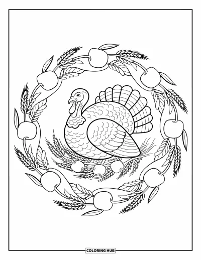 Coloriage de dinde de Thanksgiving pour adultes : Une dinde est assise dans un mandala de plumes virevoltantes, de pommes et de blé au charme d'automne