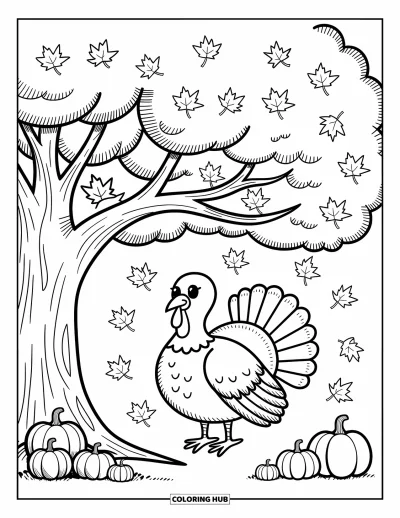Coloriage de dinde de Thanksgiving pour adultes : Une dinde se tient sous un grand arbre cerné de bottes de foin, de citrouilles et de feuilles tourbillonnantes