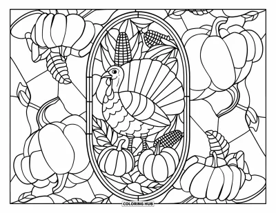 Coloriage de dinde de Thanksgiving pour adultes : Une dinde se tient dans un cadre de vitrail rempli de citrouilles, de maïs et de motifs de feuilles