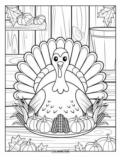 Coloriage de dinde de Thanksgiving pour adultes : Une dinde se tient au milieu de citrouilles et de maïs dans une scène de récolte conviviale