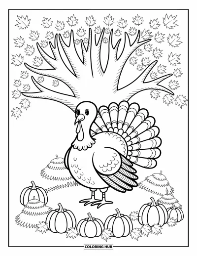 Coloriage de dinde de Thanksgiving pour adultes : Une dinde se tient sous un dais tourbillonnant de feuilles d'automne et de petites citrouilles éparpillées