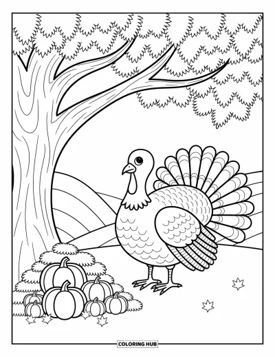 Coloriage de dinde de Thanksgiving pour adultes : Une dinde aux plumes épanouies se tient sous un arbre d'automne avec des bottes de foin et des courges