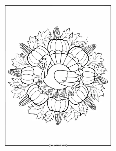 Coloriage de dinde de Thanksgiving pour adultes : Un cercle d'automne de citrouilles, de maïs et de feuilles encadre une heureuse dinde de Thanksgiving