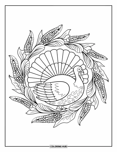 Coloriage de dinde de Thanksgiving pour adultes : Des épis de maïs, des vignes et des feuilles de chêne encerclent une dinde de Thanksgiving dans un mandala floral