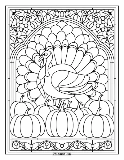 Coloriage de dinde de Thanksgiving pour adultes : Des citrouilles, des pommes et des vignes créent un cadre de vitrail autour d'une dinde joyeuse