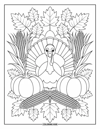 Coloriage de dinde de Thanksgiving pour adultes : Des citrouilles, du maïs et des feuilles forment un cadre autour d'une dinde dans un décor d'automne festif