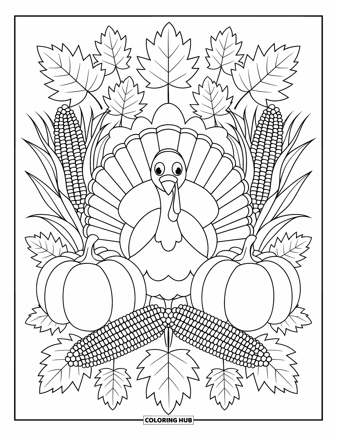 Kleurplaat van een Thanksgiving kalkoen voor volwassenen: Pompoenen, mais en bladeren vormen een lijst rondom een kalkoen in een feestelijke herfstsetting