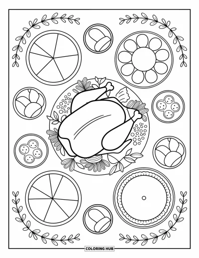 Coloriage de dinde de Thanksgiving pour adultes : Une dinde rôtie est entourée d'accompagnements et de tartes, les feuilles encadrant cette vue de pique-nique conviviale