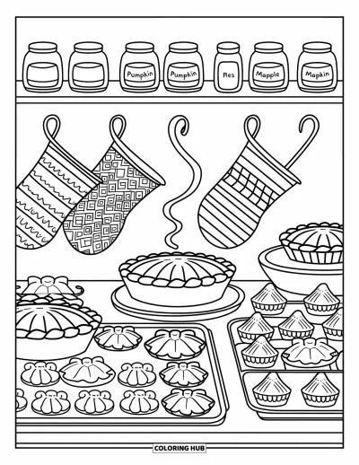Coloriage de dinde de Thanksgiving pour adultes : Des biscuits en forme de dinde et des mini-tartes reposent près d'une tarte fumante et de bocaux d'épices d'automne