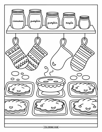 Coloriage de dinde de Thanksgiving pour adultes : Des biscuits en forme de dinde et des tartes reposent sur une étagère garnie de bocaux et de maniques