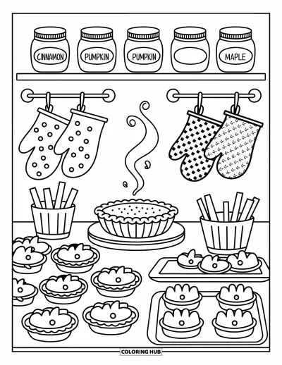 Coloriage de dinde de Thanksgiving pour adultes : Des biscuits en forme de dinde et des tartes refroidissent à côté de bocaux étiquetés cannelle, citrouille et érable