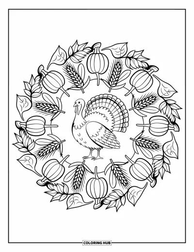 Coloriage de dinde de Thanksgiving pour adultes : Du blé, des courges et des feuilles forment un cercle autour d'une dinde dans ce mandala d'automne