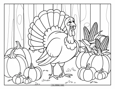 Coloriage de dinde de Thanksgiving pour enfants : Une dinde joyeuse garde un jardin de récolte plein de citrouilles et de maïs