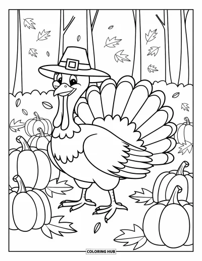 Coloriage de dinde de Thanksgiving pour enfants : Une dinde joyeuse avec un chapeau de pèlerin pose dans un carré de citrouilles