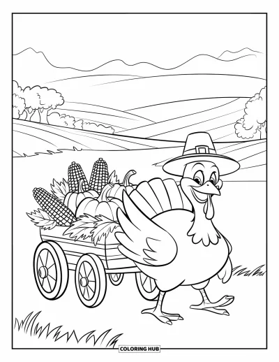 Coloriage de dinde de Thanksgiving pour enfants : Une dinde joyeuse avec un chapeau de paille tire une charrette de récolte à travers des collines vallonnées