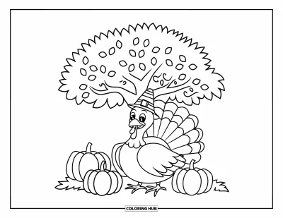 Coloriage de dinde de Thanksgiving pour enfants : Une dinde joyeuse avec un chapeau rayé est assise sous un arbre feuillu