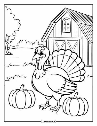 Coloriage de dinde de Thanksgiving pour enfants : Une dinde joyeuse pose devant une grange avec des citrouilles