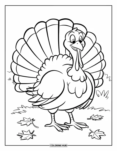 Coloriage de dinde de Thanksgiving pour enfants : Une dinde joyeuse déploie ses plumes en se tenant dans l'herbe