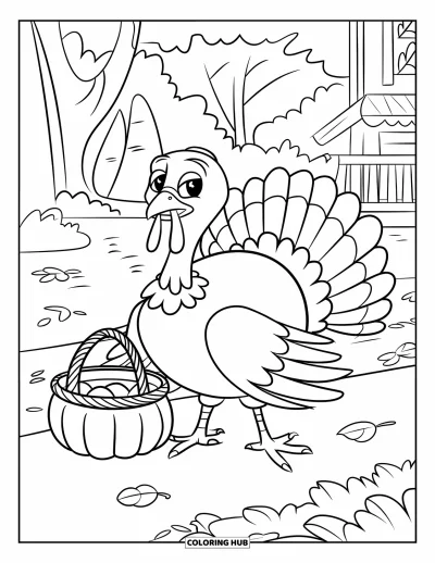 Coloriage de dinde de Thanksgiving pour enfants : Une dinde joyeuse avec un panier marche dans une forêt de feuilles qui tombent