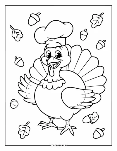 Coloriage de dinde de Thanksgiving pour enfants : Une dinde joyeuse avec un chapeau de chef se tient dans un tourbillon de feuilles
