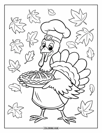 Coloriage de dinde de Thanksgiving pour enfants : Une dinde joyeuse avec une tarte et des feuilles qui tombent se tient dans une forêt