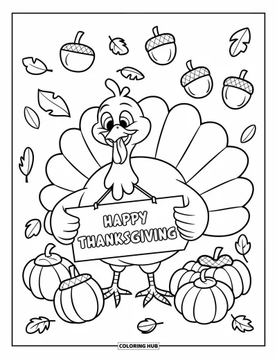 Coloriage de dinde de Thanksgiving pour enfants : Une dinde rondouillette tient un panneau entourée de feuilles tourbillonnantes