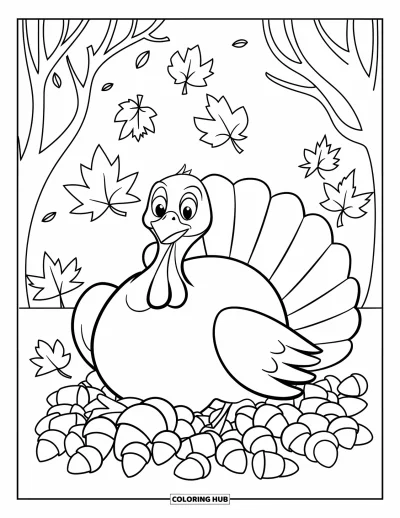 Coloriage de dinde de Thanksgiving pour enfants : Une dinde rondouillette assise sur des glands tandis que les feuilles tombent autour d'elle