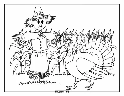 Coloriage de dinde de Thanksgiving pour enfants : Une dinde heureuse passe devant un épouvantail dans un grand champ de maïs