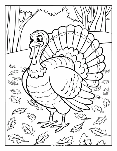 Coloriage de dinde de Thanksgiving pour enfants : Une dinde heureuse pose tandis que les feuilles tourbillonnent dans un champ d'automne venteux