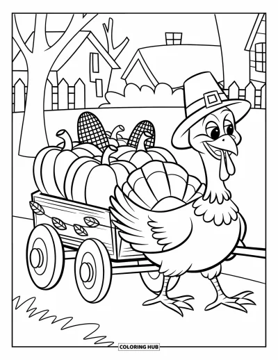 Coloriage de dinde de Thanksgiving pour enfants : Une dinde heureuse tire une charrette décorée de feuilles et de trésors de la récolte