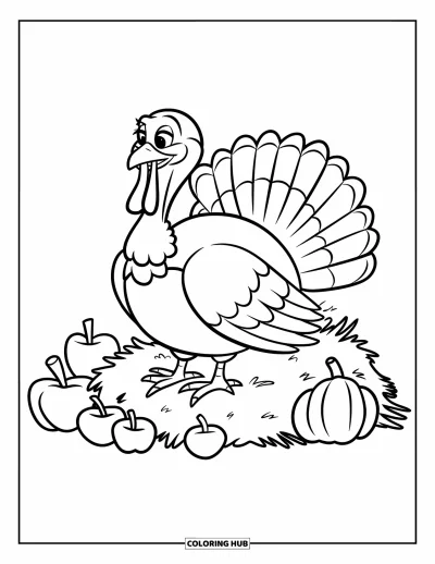 Coloriage de dinde de Thanksgiving pour enfants : Une dinde heureuse assise sur du foin, entourée de pommes et de courges