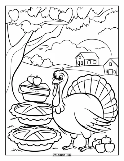 Coloriage de dinde de Thanksgiving pour enfants : Une dinde heureuse se tient près de tartes et de pommes sous un grand arbre
