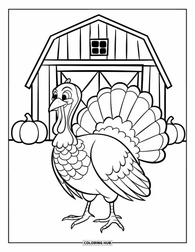 Coloriage de dinde de Thanksgiving pour enfants : Une dinde heureuse se tient devant des citrouilles avec une grange en arrière-plan