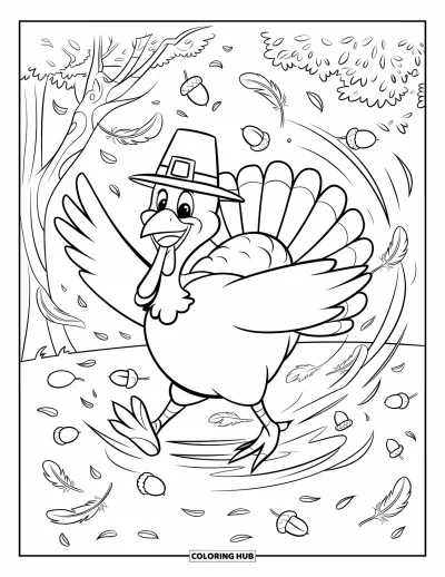 Coloriage de dinde de Thanksgiving pour enfants : Une dinde heureuse tournoie parmi des feuilles qui tombent et des glands