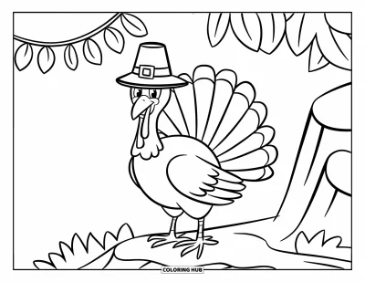 Coloriage de dinde de Thanksgiving pour enfants : Une dinde heureuse avec un chapeau se tient sur un rocher sous une festive guirlande de feuilles
