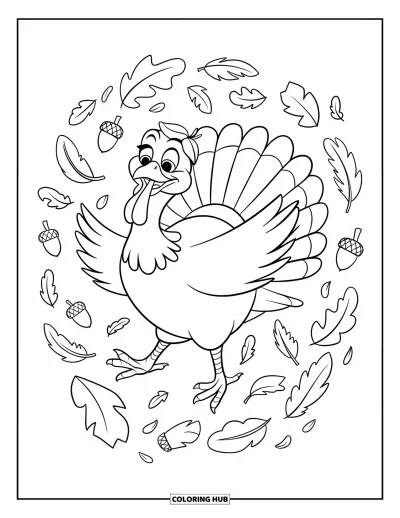 Coloriage de dinde de Thanksgiving pour enfants : Une dinde joyeuse danse parmi des feuilles virevoltantes et des glands