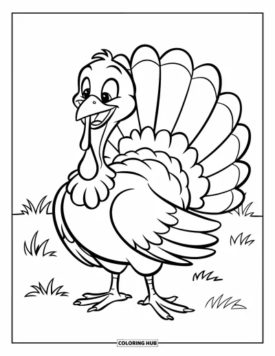 Coloriage de dinde de Thanksgiving pour enfants : Une dinde espiègle exhibe ses plumes dans un champ herbeux ouvert