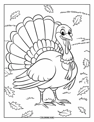 Coloriage de dinde de Thanksgiving pour enfants : Une dinde fière se dresse dans un champ venteux de feuilles tourbillonnantes